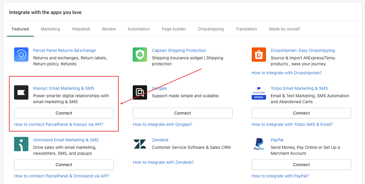 Integrate from ParcelPanel admin