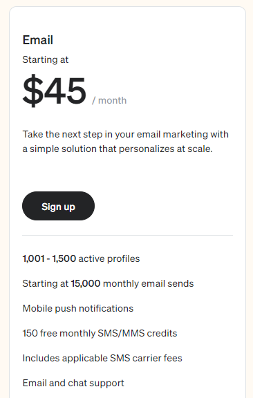 Email Marketing Essentials plan of Klaviyo